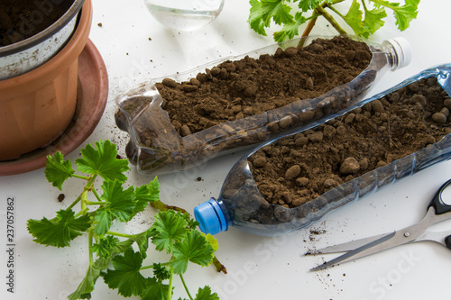 Recycled Plastic Bottle Gardening. Top view of plastic bottl filled with soil, to plant plants or vegetables inside. DIY gardening, crafts ideas