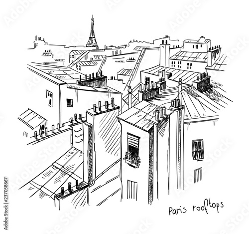 Paris rooftops. Vector sketch, line drawing