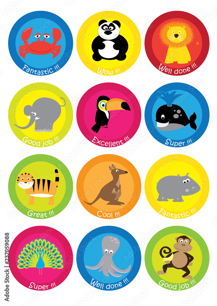 Teacher Reward Motivational Stickers for Children - funny cartoon animals collection