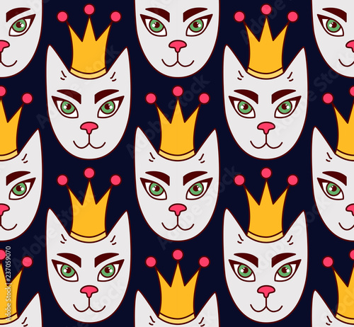 Cats face with crown seamless vector pattern