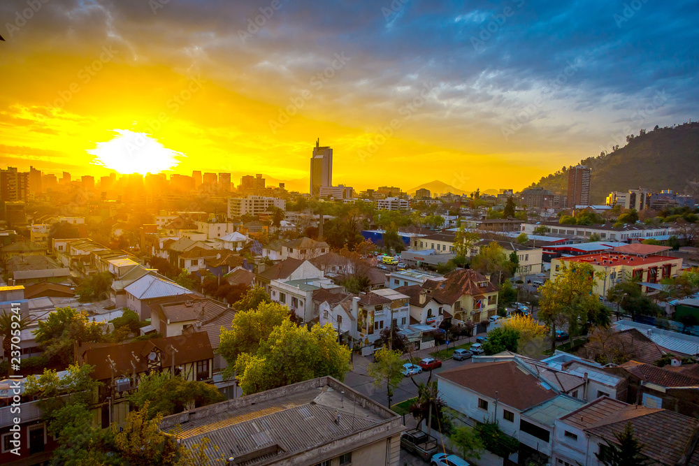 Obraz premium Aeriel view of capital city Santiago de Chile in sunset, Chile, South America