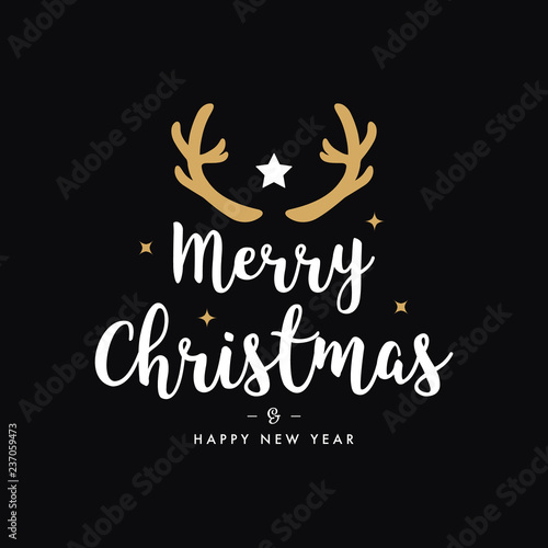 Merry christmas greeting gold  deer antlers black background