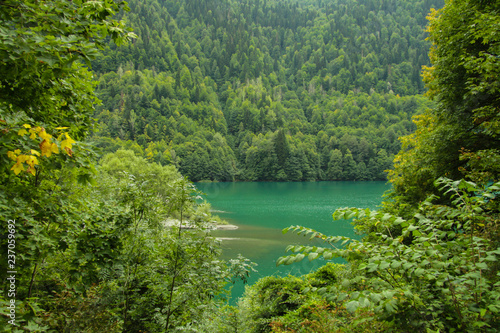 Beautiful panorama of natural mountain landscape and lake.