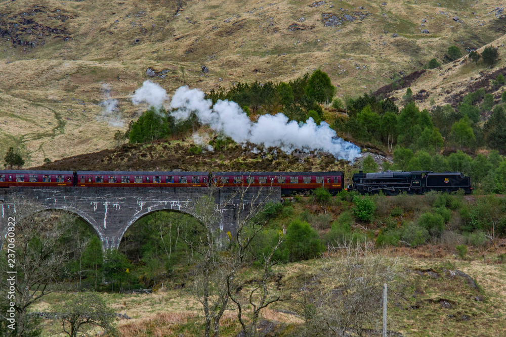 Glenfinnan Viaduct, Scotland. Travel/tourist destination in Europe. Old historical steam train riding on film scene famous viaduct bridge. Highlands, mountains, outdoor background.