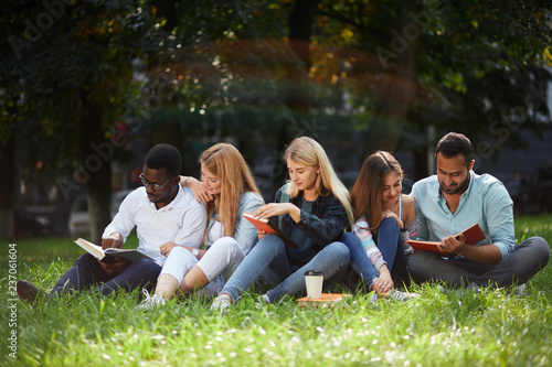 Outdoor portrait of group of young mixed-race diverse students sitting together on green lawn reading their notes about their life at university campus