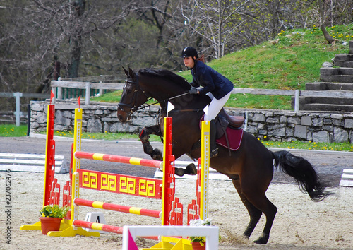 Pro horseback rider riding her stallion and jumping over the colorful obstacle.