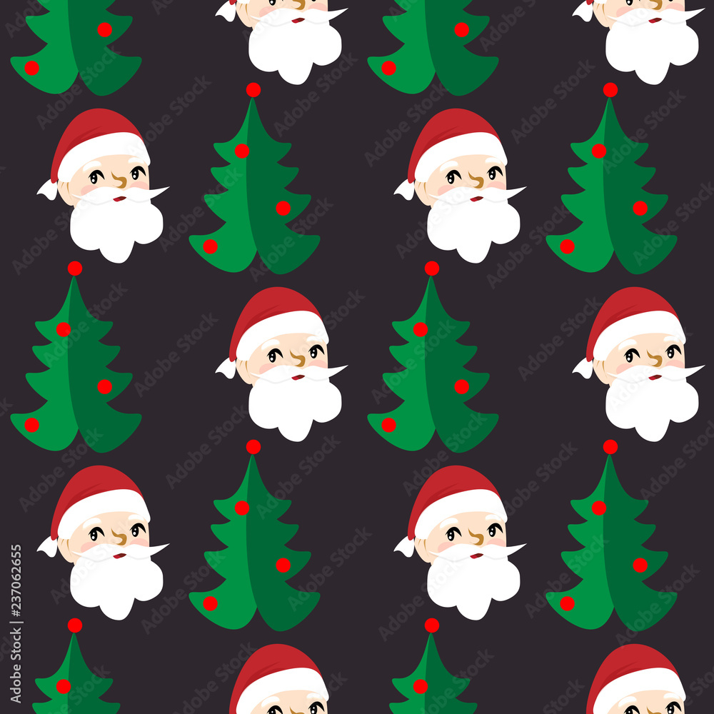 Winter holiday seamless paper with Santa head and New Year tree on the dark background