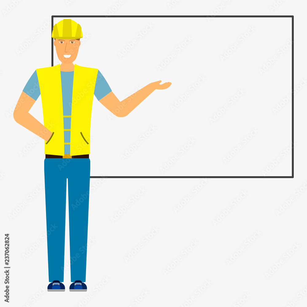 Image of a builder with outstretched hand against the background of the board. Isolated flat illustration on white background. Vector. Image of a builder with outstretched hand against the background of the board. Isolated flat illustration on white background. Vector.