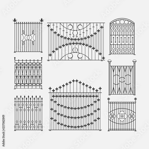 Decorative fences, black and white image, gates