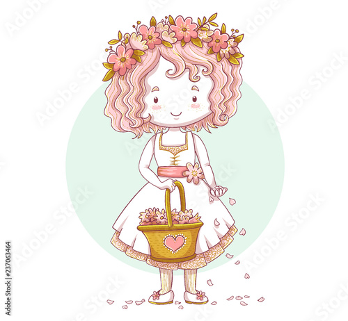 Cute little bridesmaid character drawing. Flower girl holding a basket and scattering petals. Vector illustration isolated on green circle and white background.