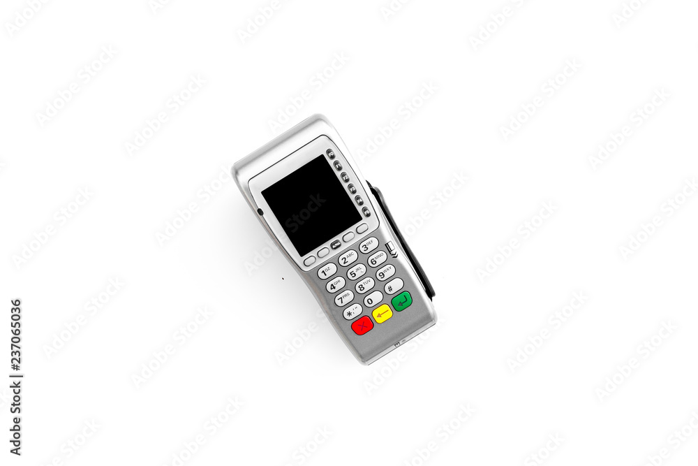 Payment terminal, compact POS terminal on white background top view space for text Payment terminal, compact POS terminal on white background top view space for text