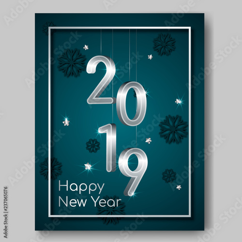 New Year night banner flyer with silver 3D numbers 2019,glowing stars,light flashes on Xmas snowflakes 3d background.Night club party flyer poster,greeting card,web online concept on dark backdrop