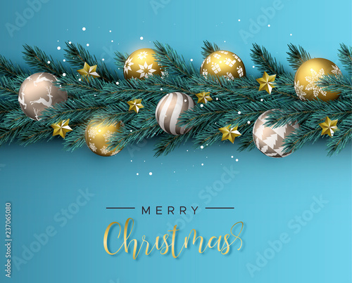 Christmas pine tree wreath and gold ornament card