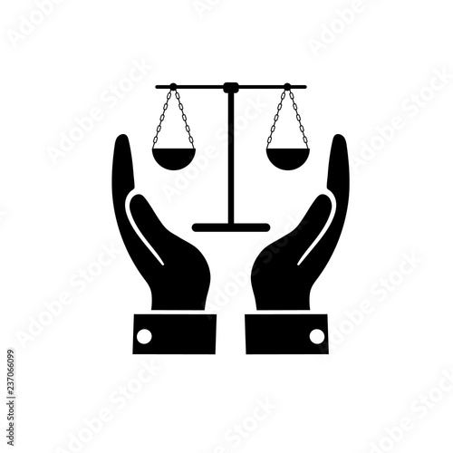 Hand holding Scales justice icon, logo on white background