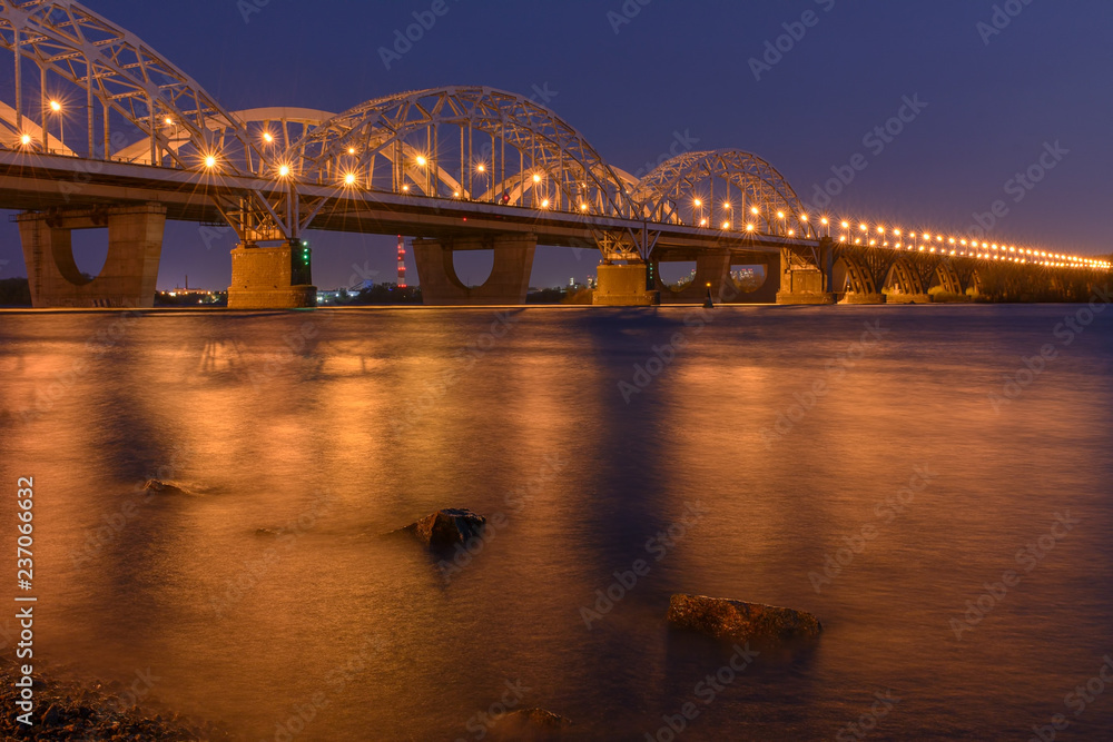 The bridge across the Dnipro river in Kiev, Ukraine in the spring