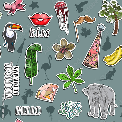 Seamless pattern with Colorful exotic stickers. Various tropi