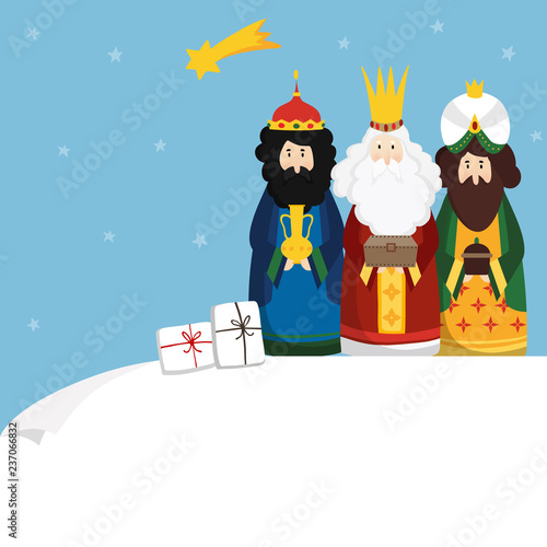 Christmas greeting card, invitation. Three magi bringing gifts and falling star. Biblical kings Caspar, Melchior, Balthazar and comet. Flat design, vector illustration background. Blank paper bannner.