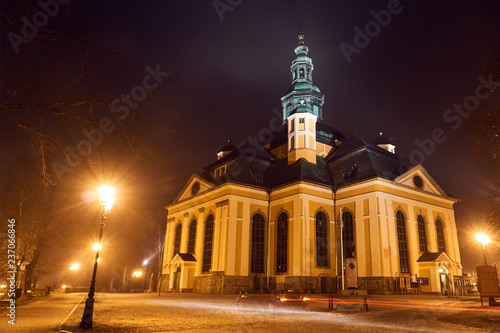 Former Lutheran church in the Baroque style at night in Jelenia Gora.