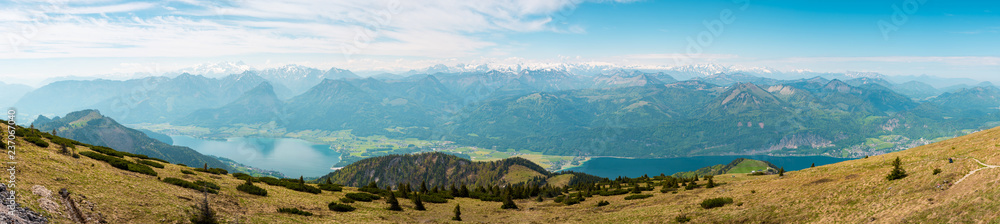 Panorama view of St Wolfgang lake and city from the top of mountain