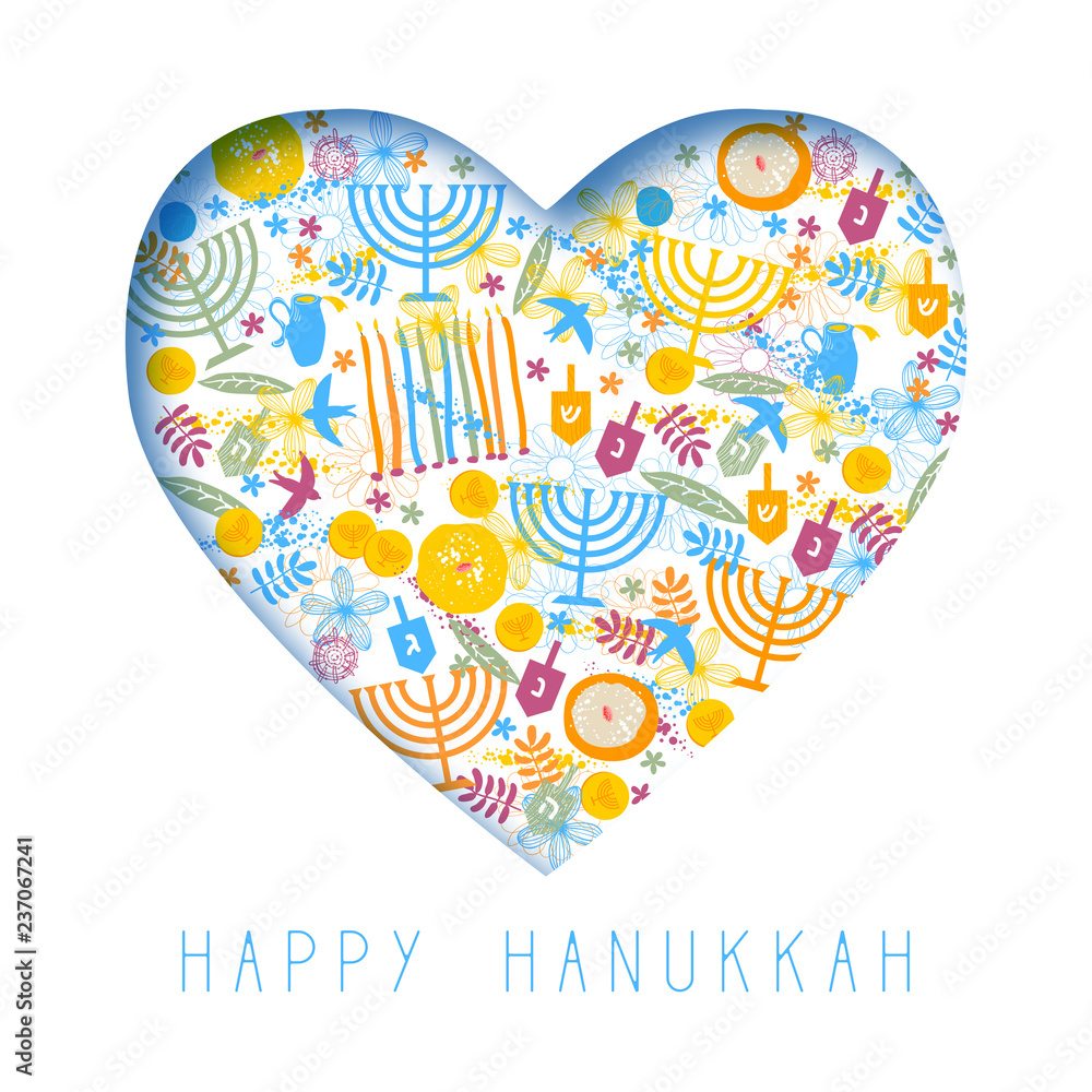 happy hanukkah heart card template design festive party decoration hanukkah greeting card with flower birds wooden dreidels donuts chocolate coins candles and menorah jewish holiday background stock vector adobe stock