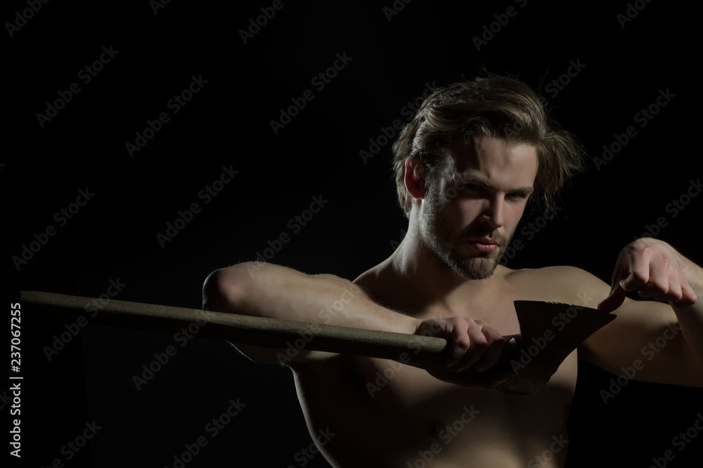 Ax blade, man touches, woodcutter or builder. Naked attractive man on a  black background with a tool or cannon. Shirtless muscled fitness lumberjack  man with axe Stock Photo | Adobe Stock