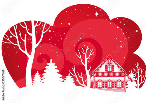 Winter landscape with country farmhouse