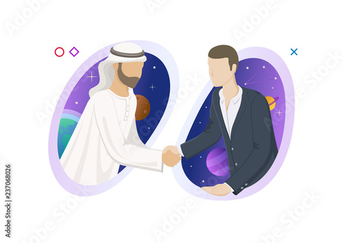 Two businessmen shaking hands. Arabian (Muslim) and European top management. Modern style vector illustration for landing page, website, banners and presentation.