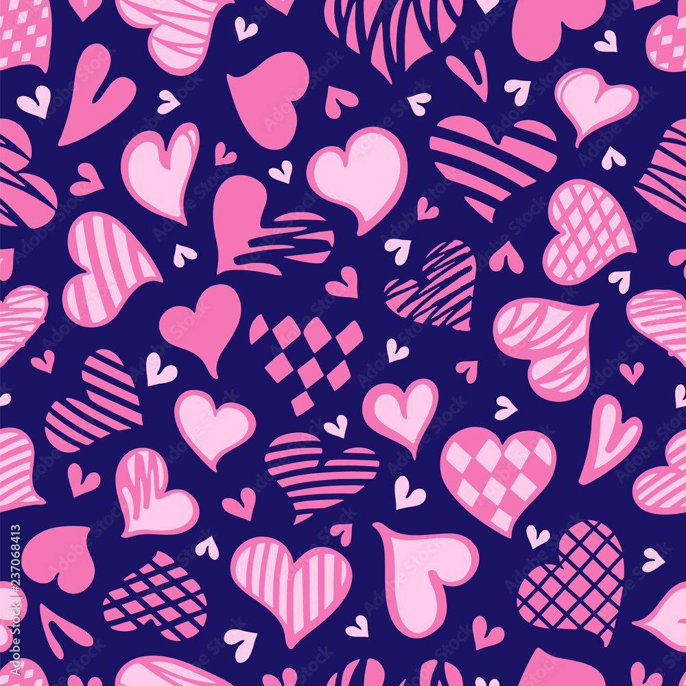 Stylized hand-drawn seamless pattern of graphic pink hearts. Vector illustration on dark blue background. Stylized hand-drawn seamless pattern of graphic pink hearts. Vector illustration on dark blue background.