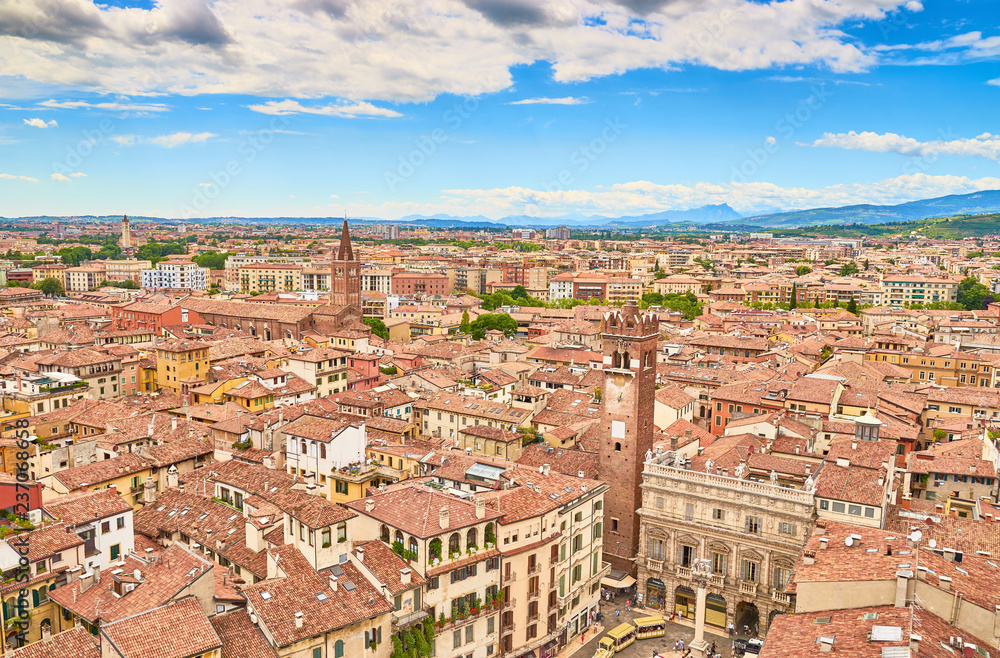 Fototapeta premium Cityscape of Verona in Italy / Seen from the Tower of Lamberti next to 
