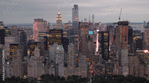 AERIAL Stunning New York City skyline city lights with the Central park by night