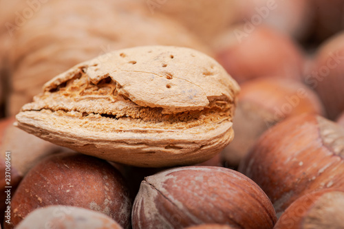 Macro shot of different nuts: almond, walnut, hazelnut and pecan on burlap background.