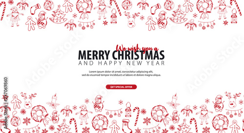 Merry Christmas and Happy New Year. Background with hand-draw christmas doodle elements. Vector illustration. © leo_d