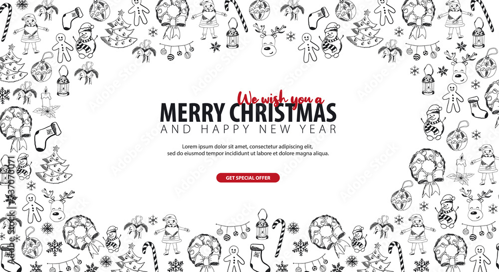 Fototapeta Merry Christmas and Happy New Year. Background with hand-draw christmas doodle elements. Vector illustration.