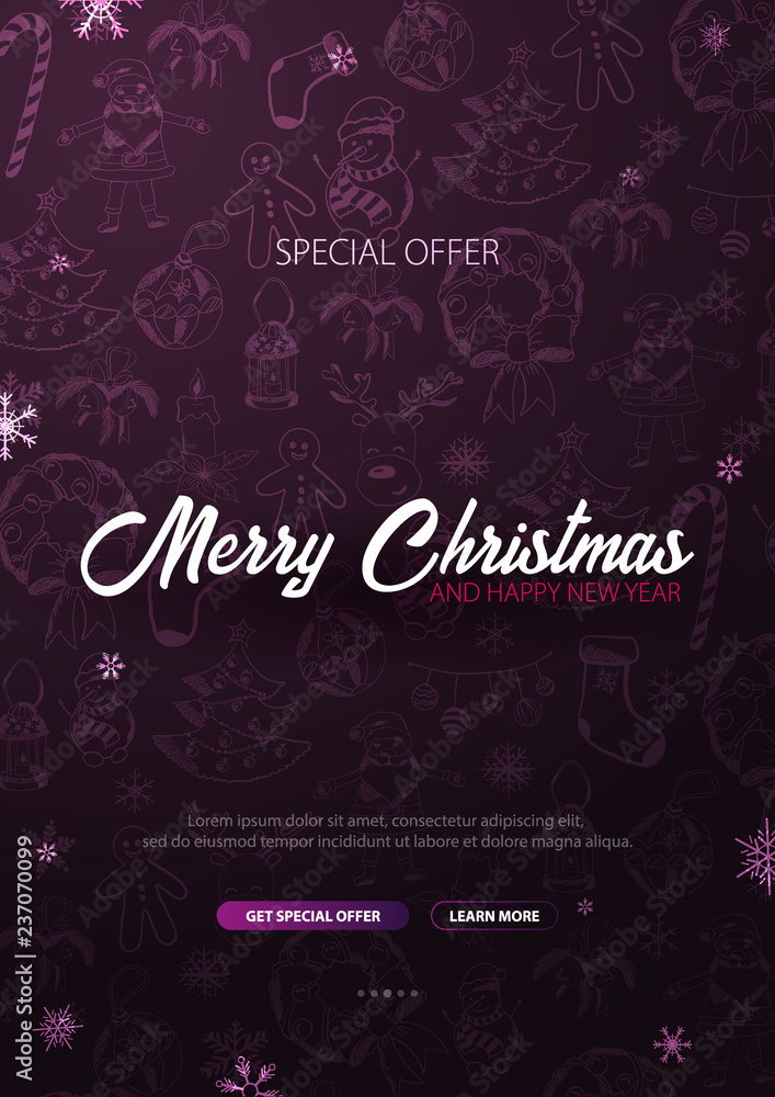 Merry Christmas and Happy New Year. Background with hand-draw christmas doodle elements. Vector illustration. Merry Christmas and Happy New Year. Background with hand-draw christmas doodle elements. Vector illustration.