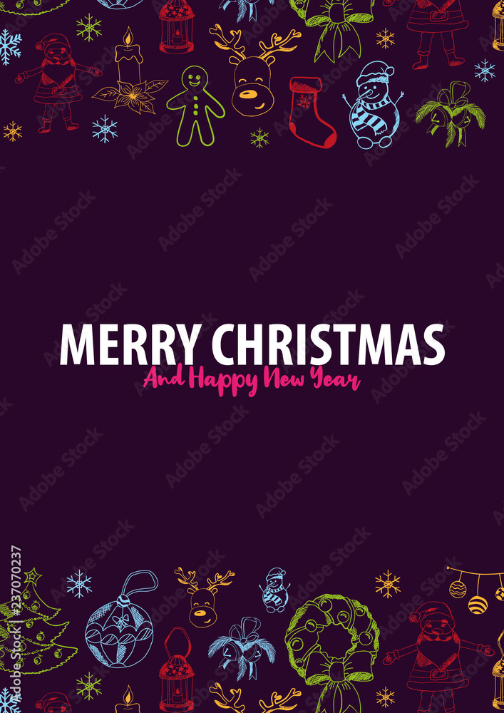 Merry Christmas and Happy New Year. Background with hand-draw christmas doodle elements. Vector illustration.