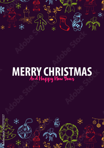 Merry Christmas and Happy New Year. Background with hand-draw christmas doodle elements. Vector illustration.