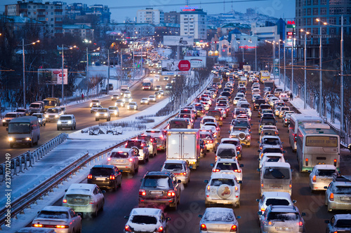 Traffic jam during a snowfall in Vladivostok