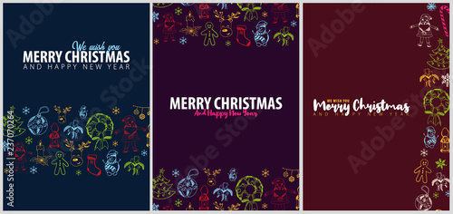 Merry Christmas and Happy New Year. Set of Backgrounds with hand-draw christmas doodle elements. Vector illustration.