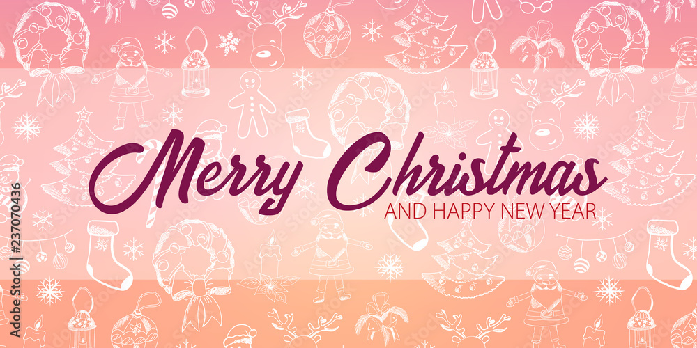 Merry Christmas and Happy New Year. Background with hand-draw christmas doodle elements. Vector illustration. Merry Christmas and Happy New Year. Background with hand-draw christmas doodle elements. Vector illustration.