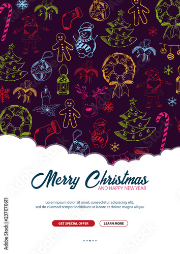 Merry Christmas and Happy New Year. Background with hand-draw christmas doodle elements. Vector illustration. © leo_d