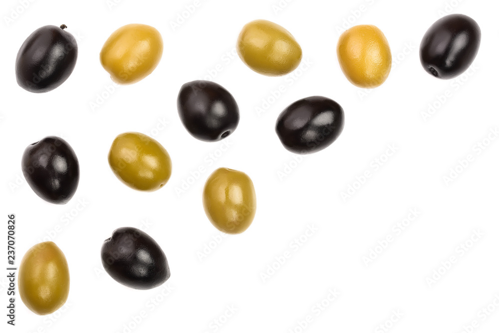 Green and black olives isolated on a white background with copy space for your text. Top view. Flat lay Green and black olives isolated on a white background with copy space for your text. Top view. Flat lay