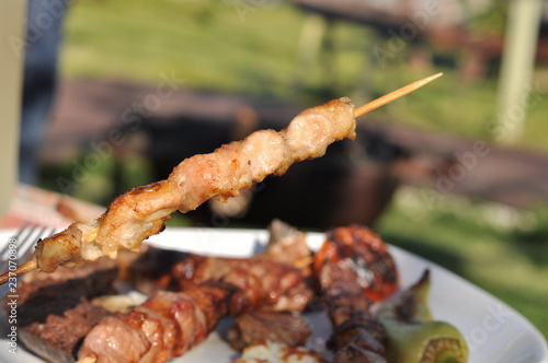 Traditional Cypriot meze and kebap barbecue party in the garden with delicious mix meat and chicken kebaps photo