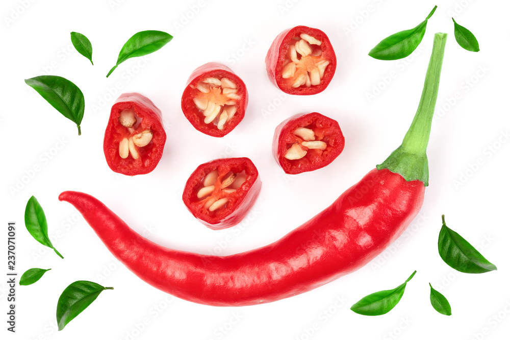 Fototapeta sliced red hot chili pepper isolated on white background. Top view. Flat lay pattern