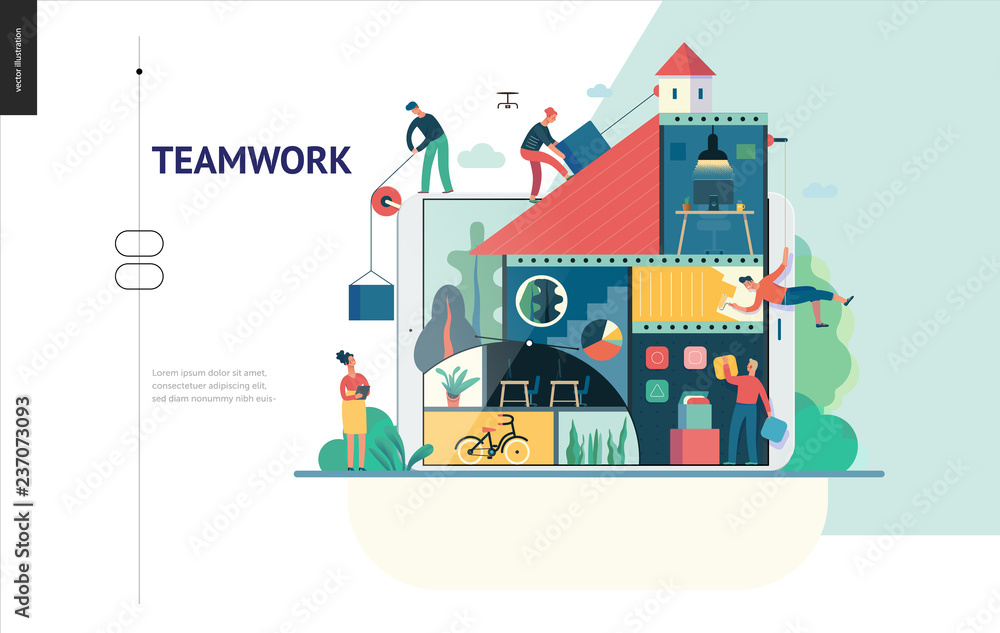 Business series, color 1 -company, teamwork, collaboration -modern flat vector illustration concept of people constructing a company Business workflow management. Creative landing page design template
