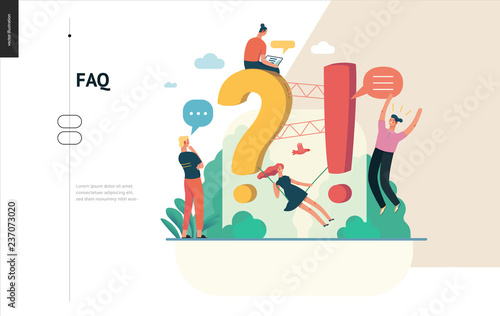Business, color 1- FAQ -modern flat vector concept illustration of Frequently asked questions People around exclamation and question marks Question answer metaphor Creative web page design template