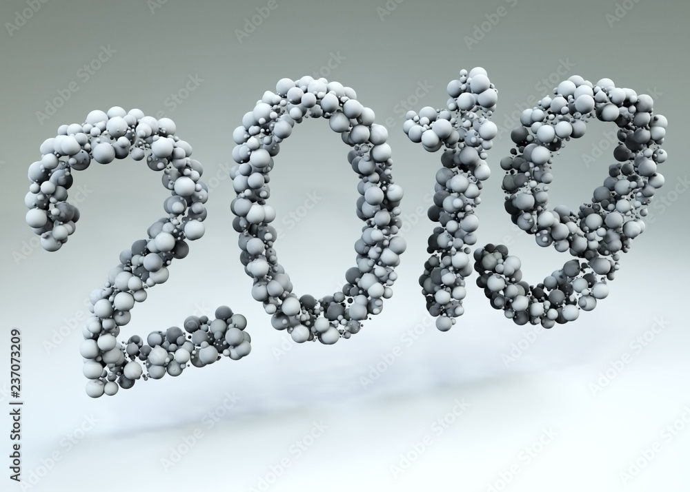 Happy New Year 2019. Holiday 3d illustration made up of balls in gray tones of numbers 2019. Realistic 3d sign. Festive poster or banner design.