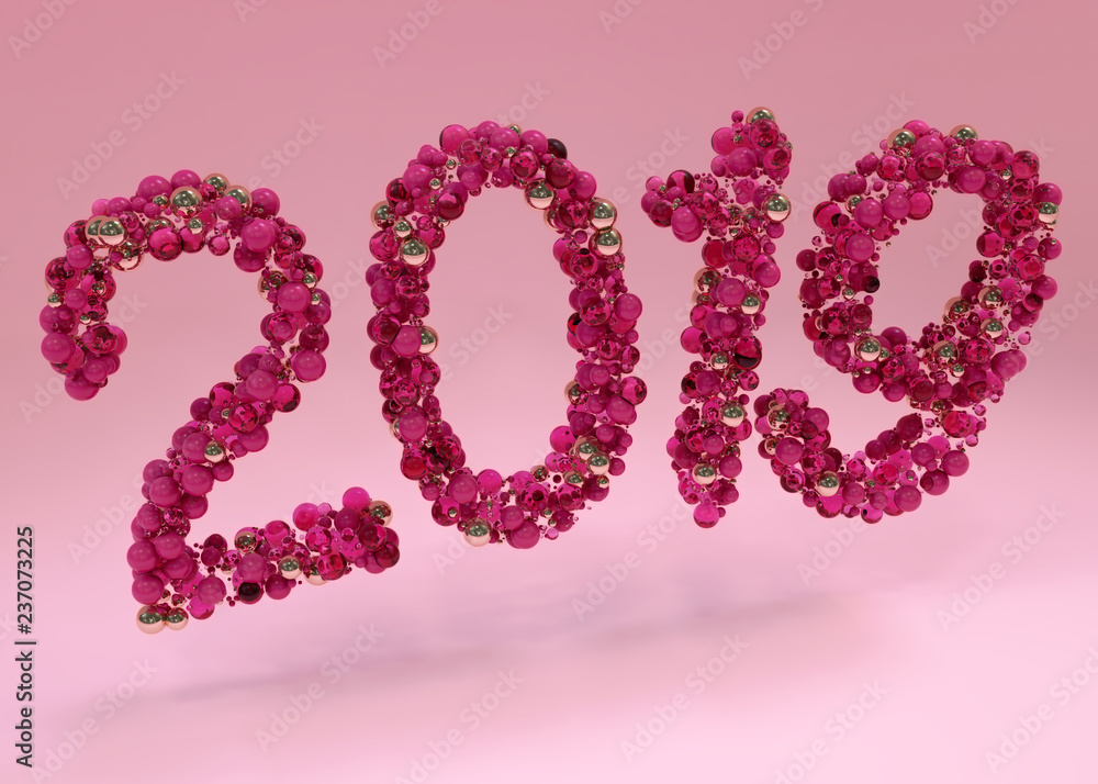Happy New Year 2019. Holiday 3d illustration made up of balls in red tones of numbers 2019. Realistic 3d sign. Festive poster or banner design.
