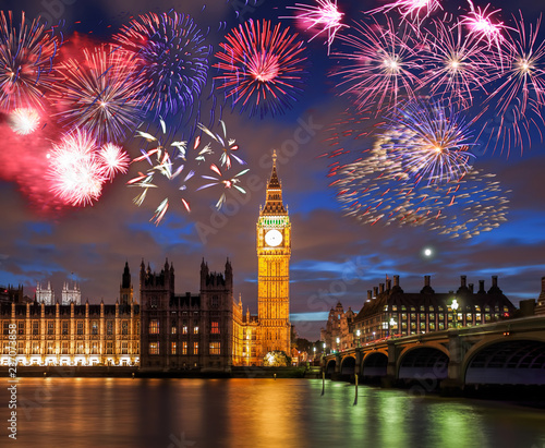 Big Ben with firework in London  England  celebration of the New Year 