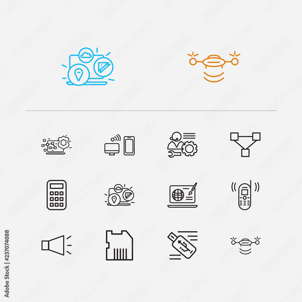 Hardware icons set. Blockchain and hardware icons with old mobile phone ...