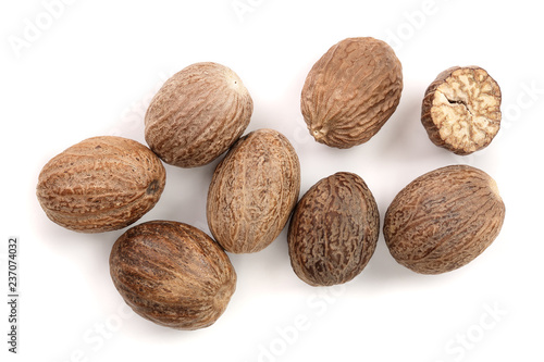 Nutmeg isolated on white background. Top view